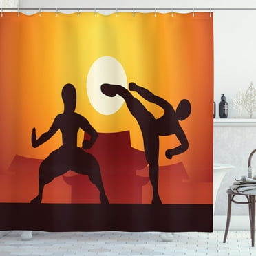 Kung Fu Shower Curtain, Chinese Boxing Sports Martial Art Human Silhouettes, Fabric Bathroom Set with Hooks, 69W X 84L Inches Extra Long, Vermilion Charcoal Grey Burnt Orange Cream, by Ambesonne