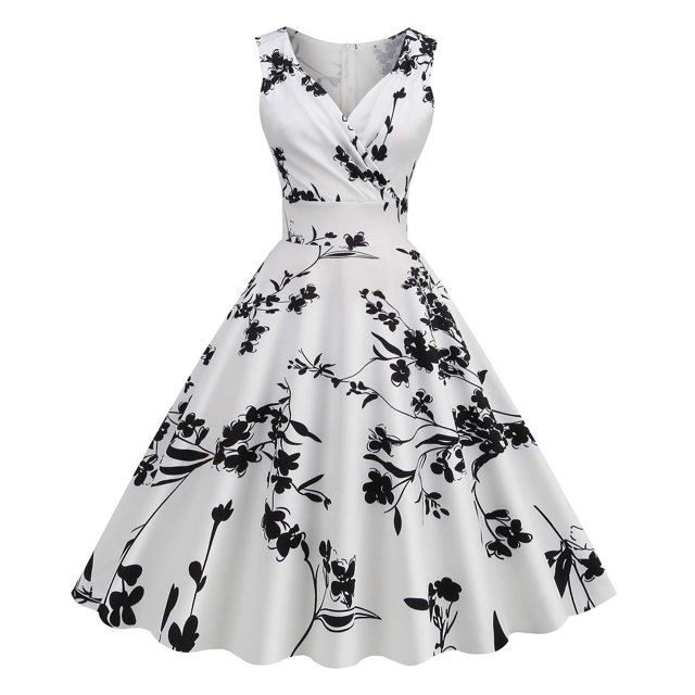 CEHVOM Robes de Soirée Vintage Imprimées Sans Manches à Col en V pour Femmes