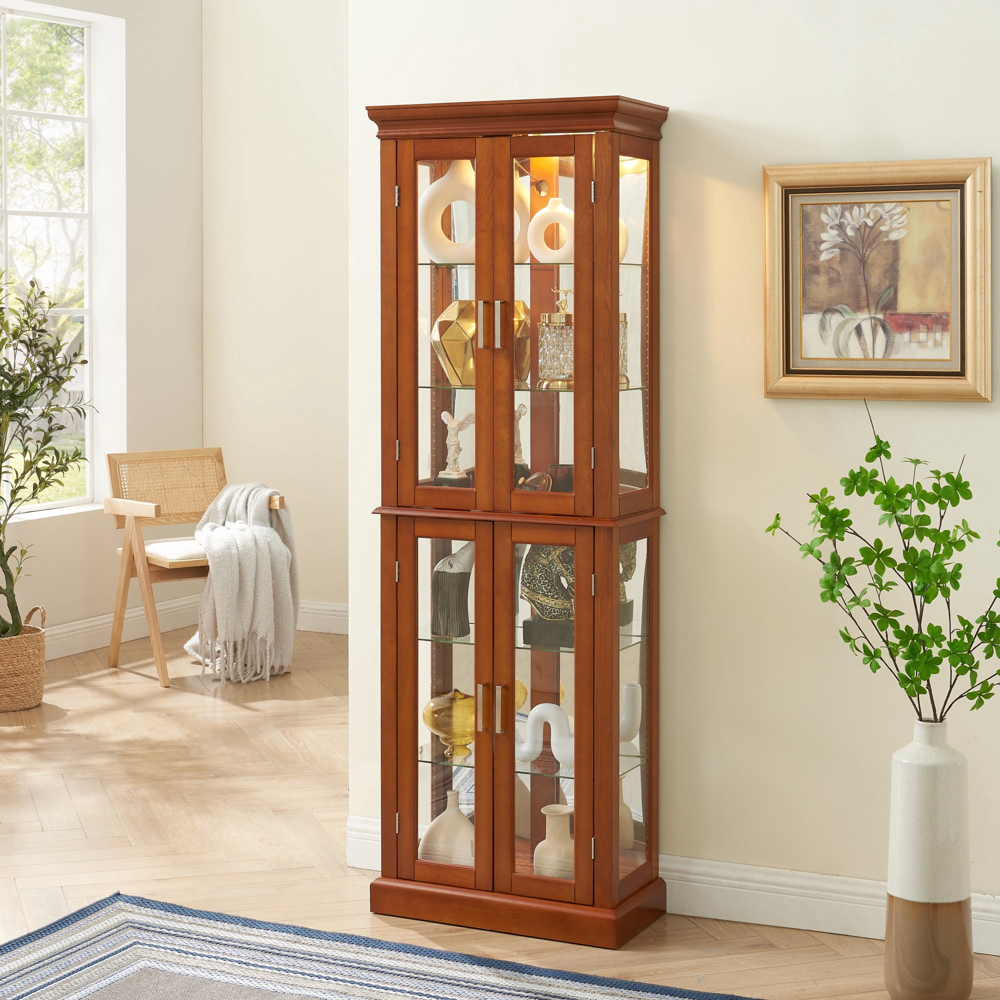 Miniyam Curio Display Cabinet with Adjustable Glass Shelves, Light, Walnut