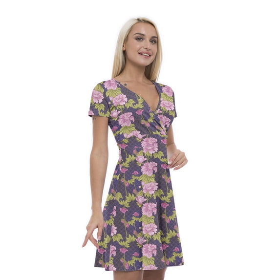 Women’s A Line East Summer Dress, Retro Triangle Arrangement, Cross Wrap V Neck, 6 Sizes, by Ambesonne