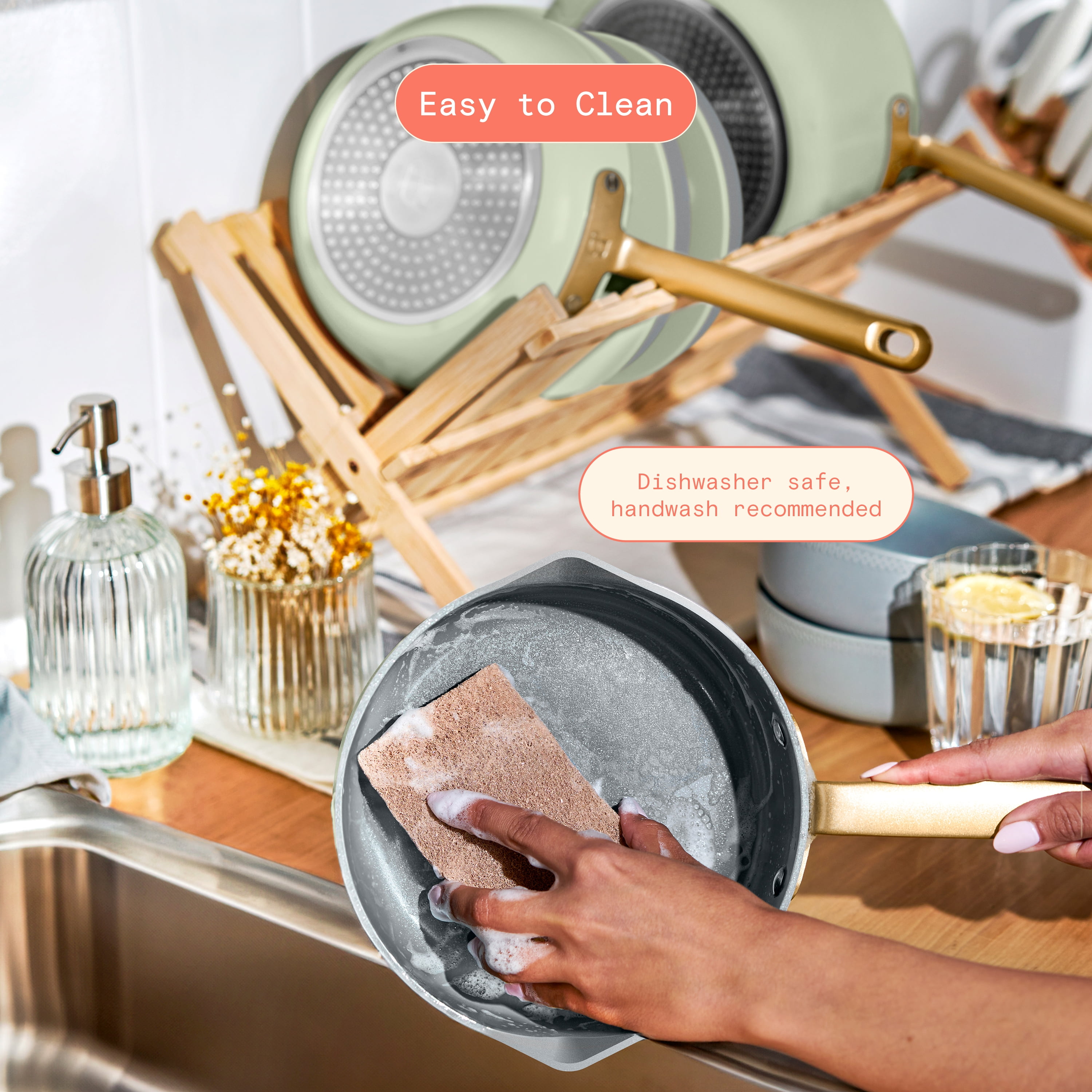 Beautiful 12-Piece Ceramic Nonstick Cookware Set, Pots and Pans with Strainer Lids, Sage Green by Drew Barrymore