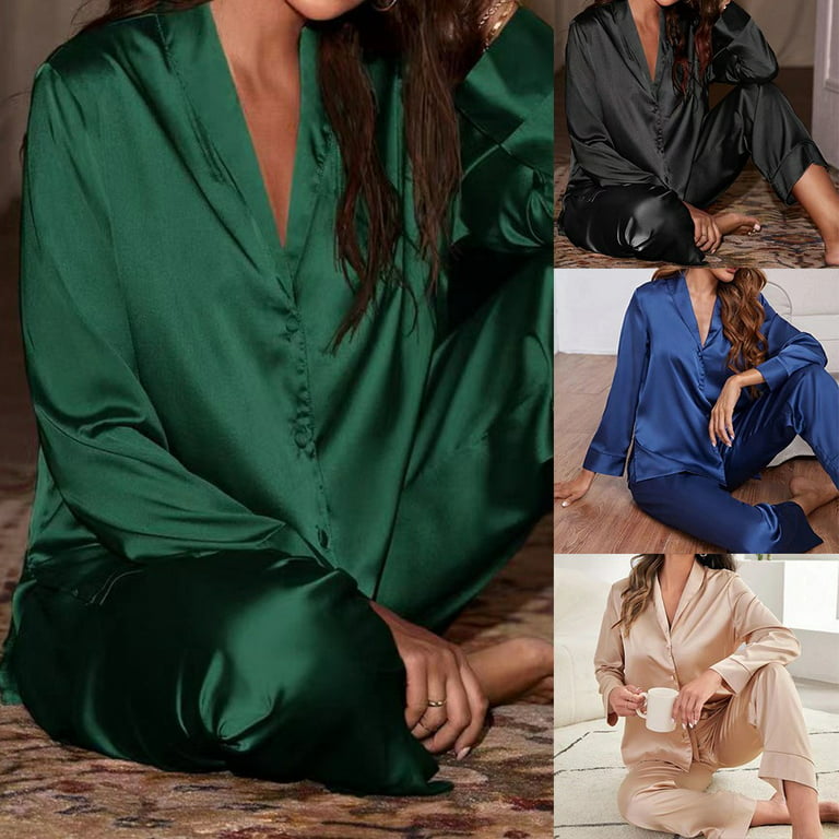 Fancy Women Silk Satin Pajamas Set Ladies Long Sleeve Sleepwear Loungewear  Nightwear Dark green 2XL 
