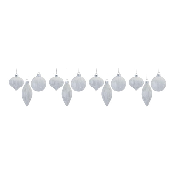 Melrose Glitter Ribbed Glass Christmas Ornaments - 6" - White - 12ct