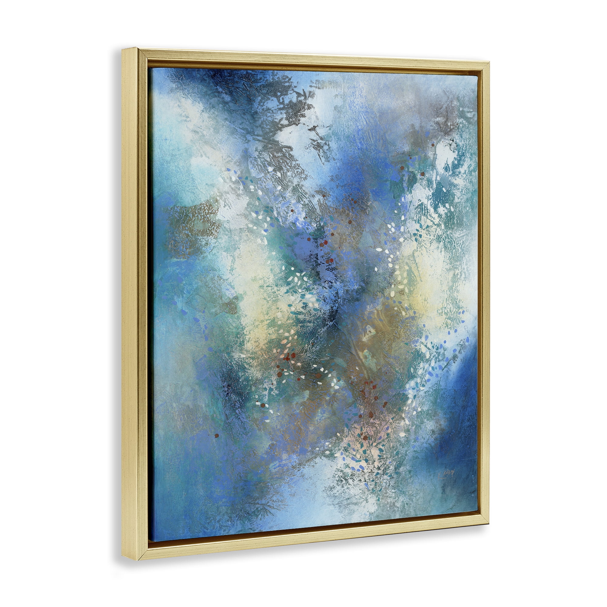 Stupell Industries Fluid Blue Abstraction Abstract Painting Gold Floater Framed Canvas Art Print Wall Art, 25 x 31