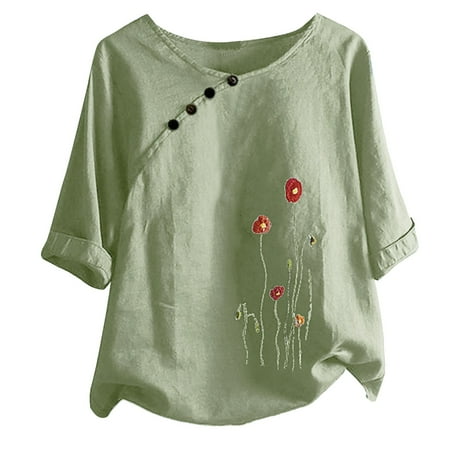 

Cuff Sleeve Linen Tops for Women Summer Short Sleeves Button Floral Shirts Top Casual Loose Comfy Holiday Beach Blouse