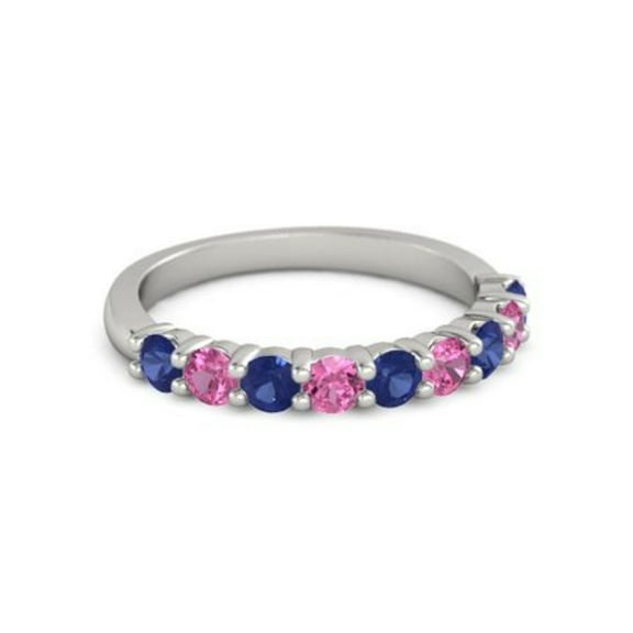 925 Sterling Silver Round 2.50 MM Blue Sapphire Pink Tourmaline Eternity Ring Size US- 4