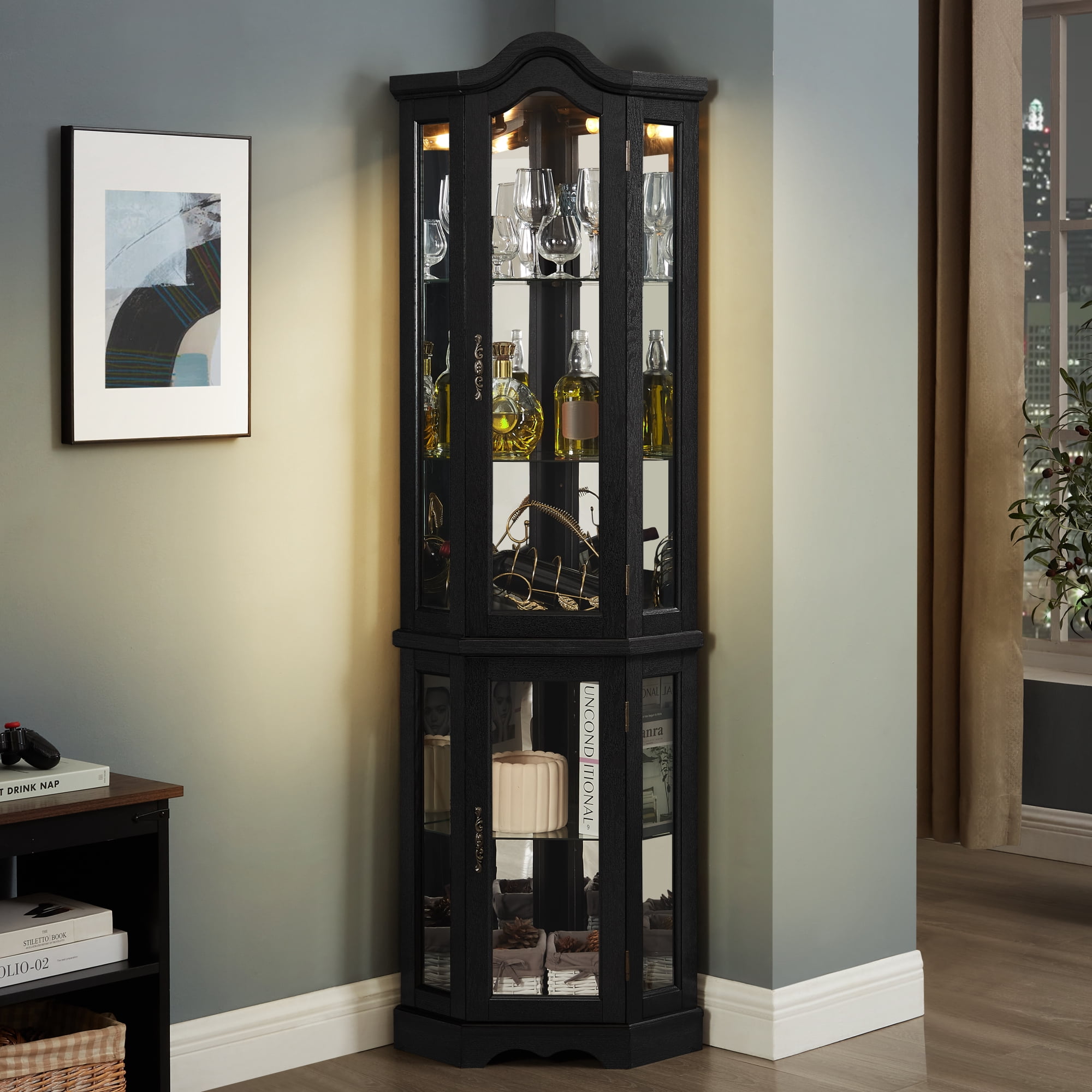 Leumius Curio Cabinet Lighted Glass Display Curio Cabinet with Tempered Glass Doors and Shelves, Crown Corner Cabinet with Bulb, Corner Storage Decoration for Living Room and Bedroom Black