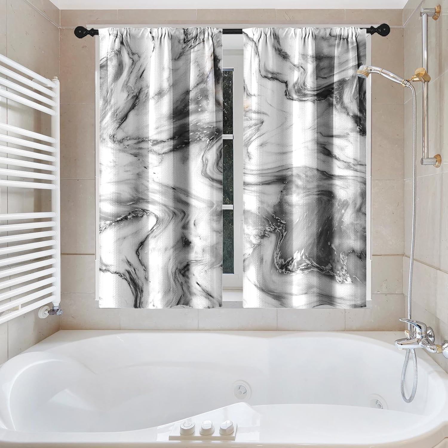 Vintage Brown Shower Curtain Set with Window Curtain, Royal Abstract Line Modern Bathroom Window Curtain with Waterproof Shower Curtain Set for Bathroom Decor