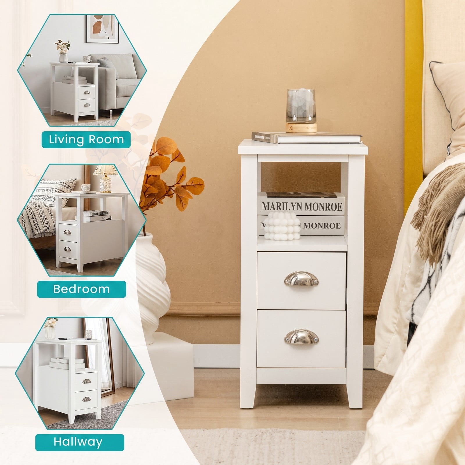 Furnibear Set of 2 Wooden Bedside Nightstands with 2 Drawers and Open Shelf for Bedroom Living Room and Guest Room, White