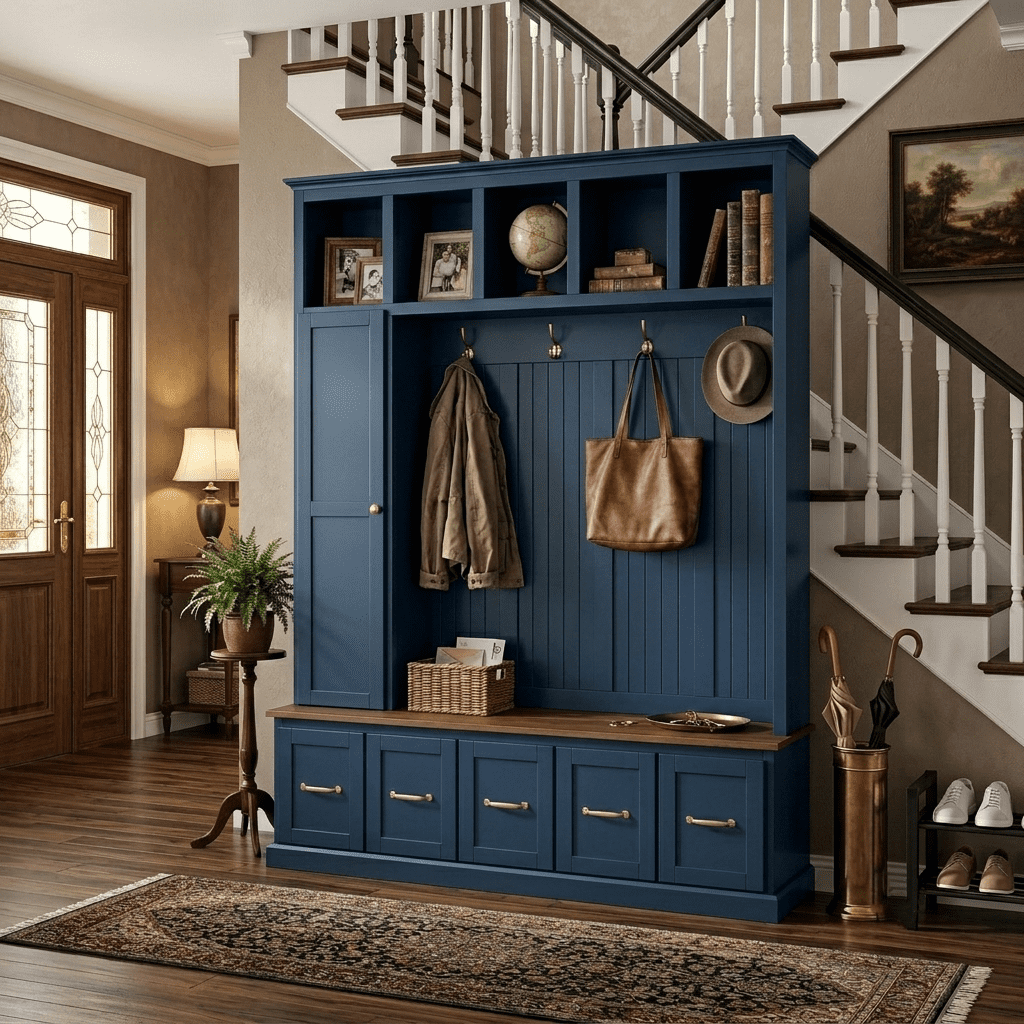 Howcool 59"W Hall Tree with Shoe Storage Bench and 5 Coat Hooks,Freestanding Organizer Cabinet with 5 Drawers,Top Cubbies for Entryway,Mudroom,Navy Blue