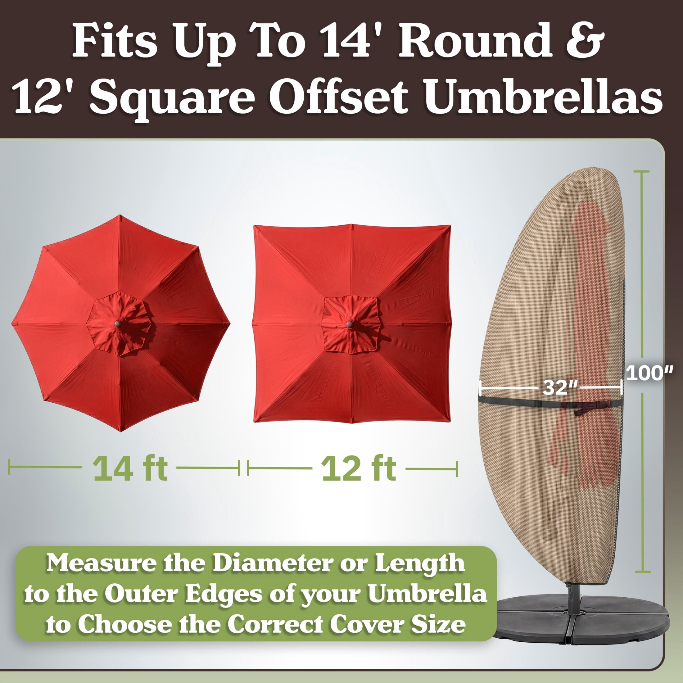 Pure Garden Waterproof 14ft Round or 12ft Square Offset Cantilever Umbrella Cover, Tan