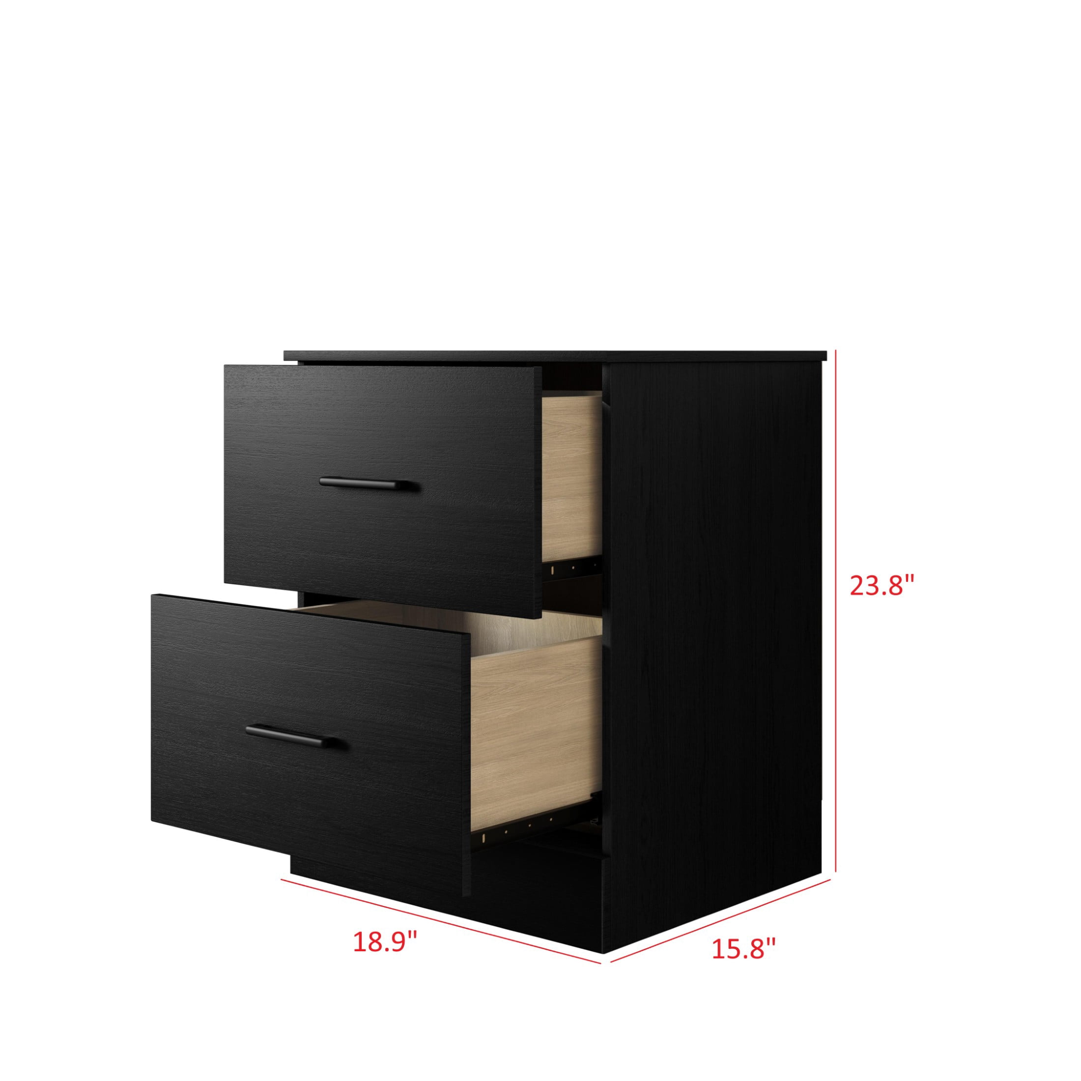 Home Design Meriden Nightstand with 2 Storage Drawers and Wood-Look Finish, Space-Saving Design, Black (Set of 2)