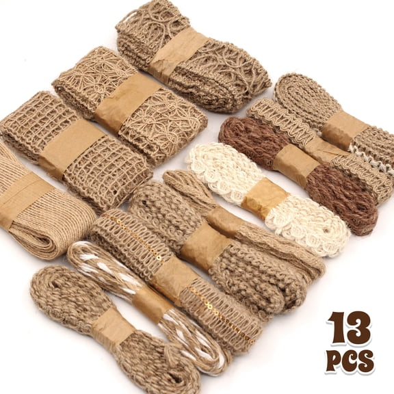 13 Rolls Jute Burlap Lace Ribbon Set, 26 Meters Vintage Thick Thin Fabric Lace Ribbons for Christmas Crafts and Gift Wrapping, DIY Rustic Wedding Party Home Décor