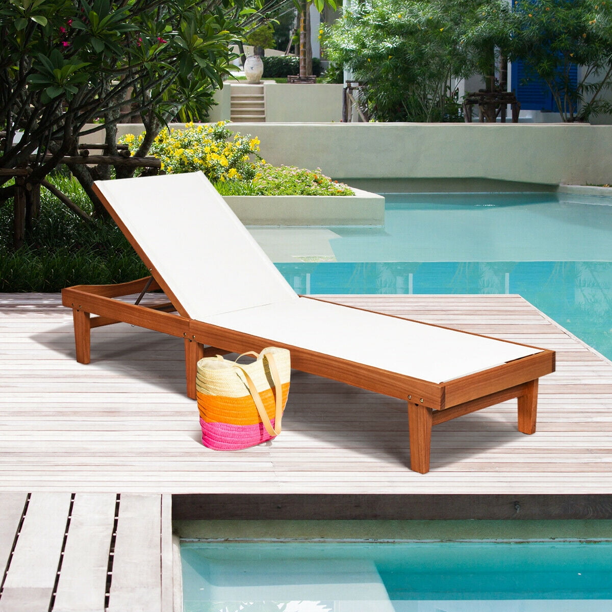 Gymax Wooden Chaise Lounge Chair Recliner Patio Outdoor W Adjustable Backrest Walmart Com Walmart Com