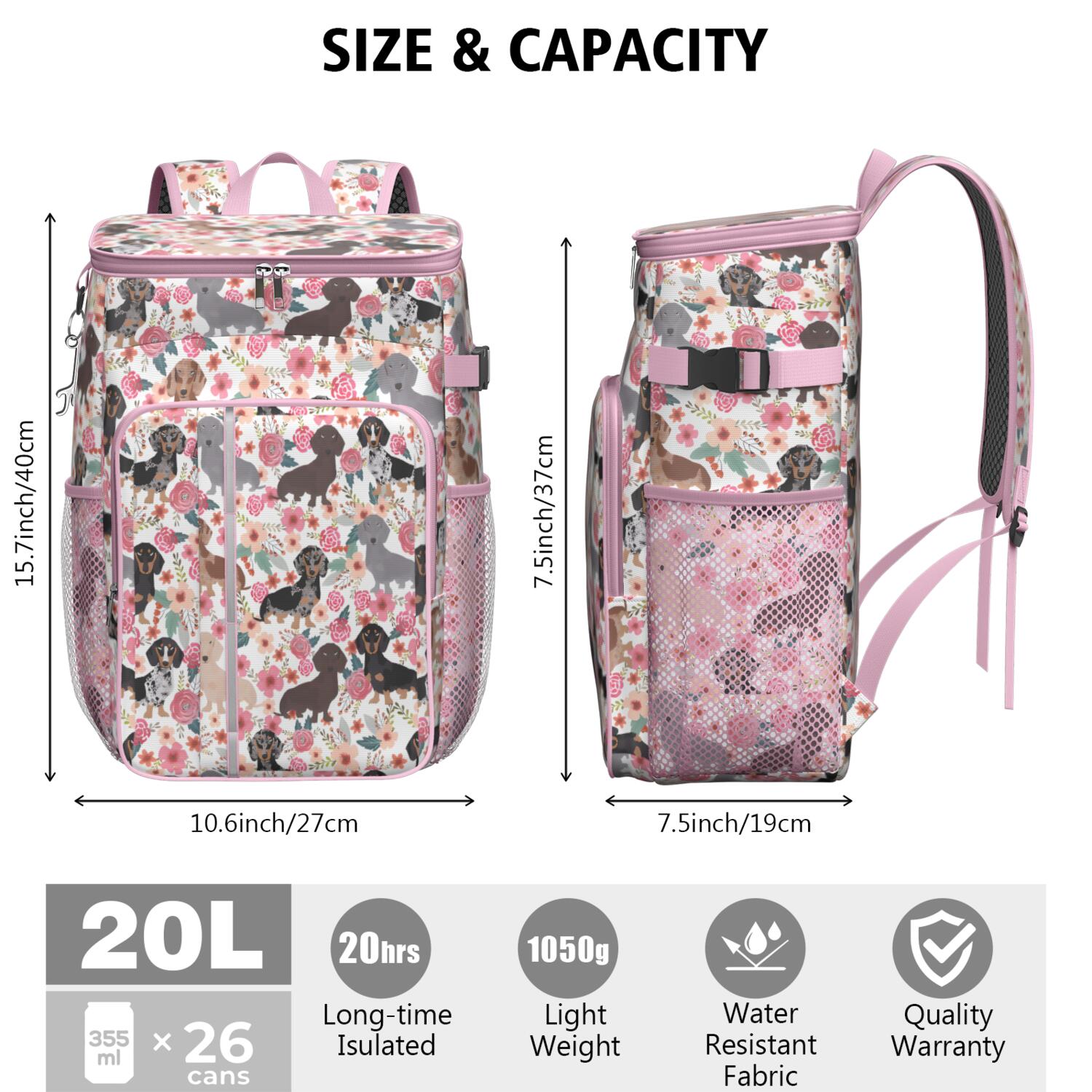 Travel Cooler Bag - Dachshund and Flower Camping Beer Cooler Backpack with Bottle Opener- Waterproof Insulated Picnic Backpacks - Cooler Bag for Beach