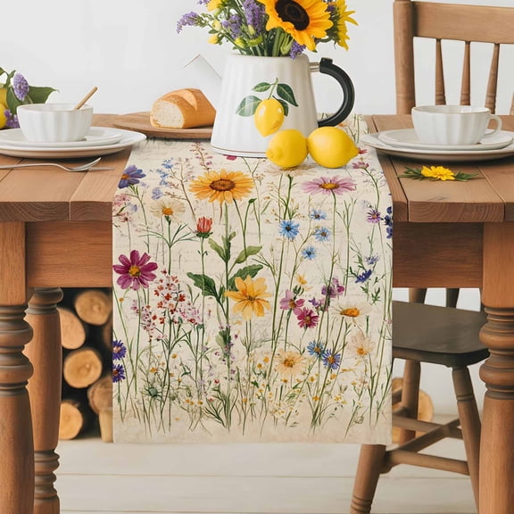 Burlap Table Runner 36 Inches Long, Farm Watercolor Flower Plants Non-Slip Kitchen Table Runners for Dining Room Everyday Use Party Table Decorations Summer Wildflower Vintage Letters