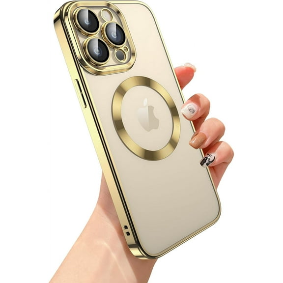 for iPhone 14 Pro Max Case  Clear with Camera Lens Protector Full Protection MagSafe Electroplated Silicone Dust-Proof Net Shockproof Protective Case Cover 6.7 Inch - Gold