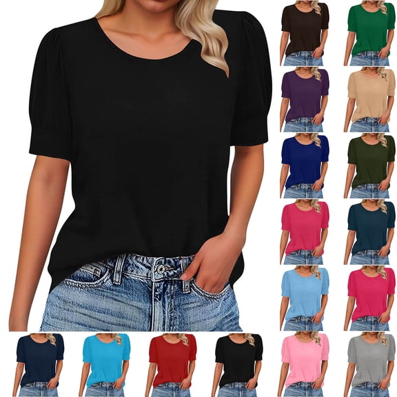 Xuniizn Short Sleeve Shirts for Women, Casual Loose Solid Color Crewneck Classic Versatile T Shirt, Soft Cozy Breathable Everyday Tops, S-2XL