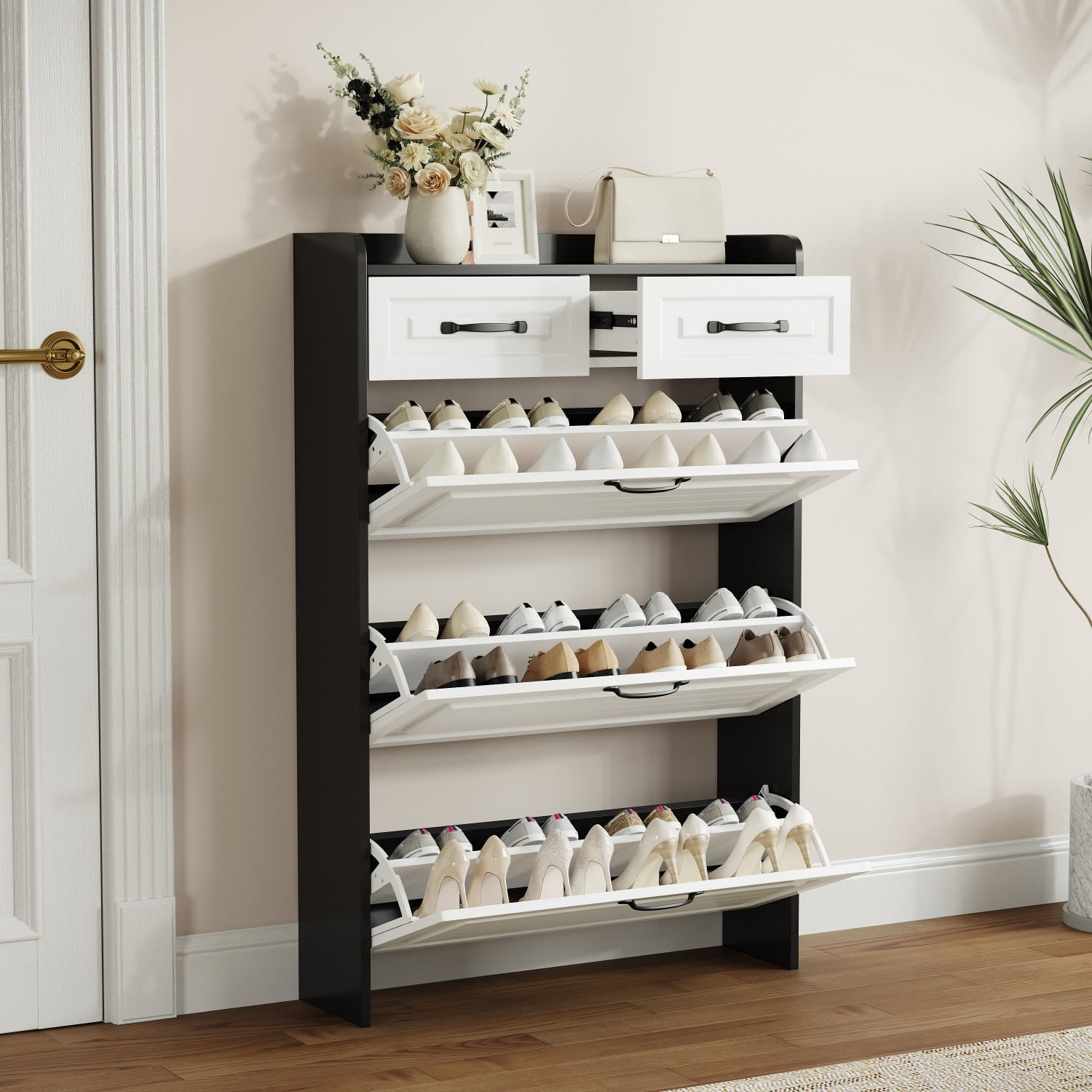 White & Black Shoe Cabinet with 3 Flip Drawers and 2 Storage Drawers, Modern Entryway Shoe Organizer Cabinet