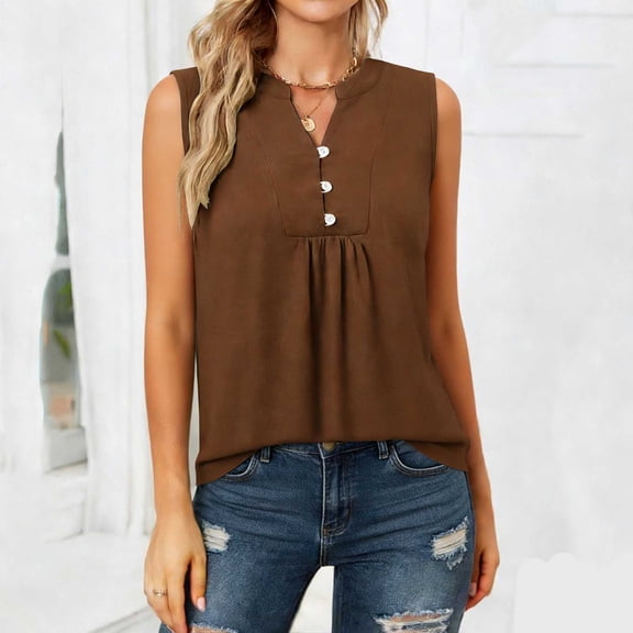 Summer Fridays GaThRRgYP Women's Plus Size Summer Tops,Women's Solid Color Casual Button V-Neck Sleeveless Loose T-Shirt Tops Coffee S