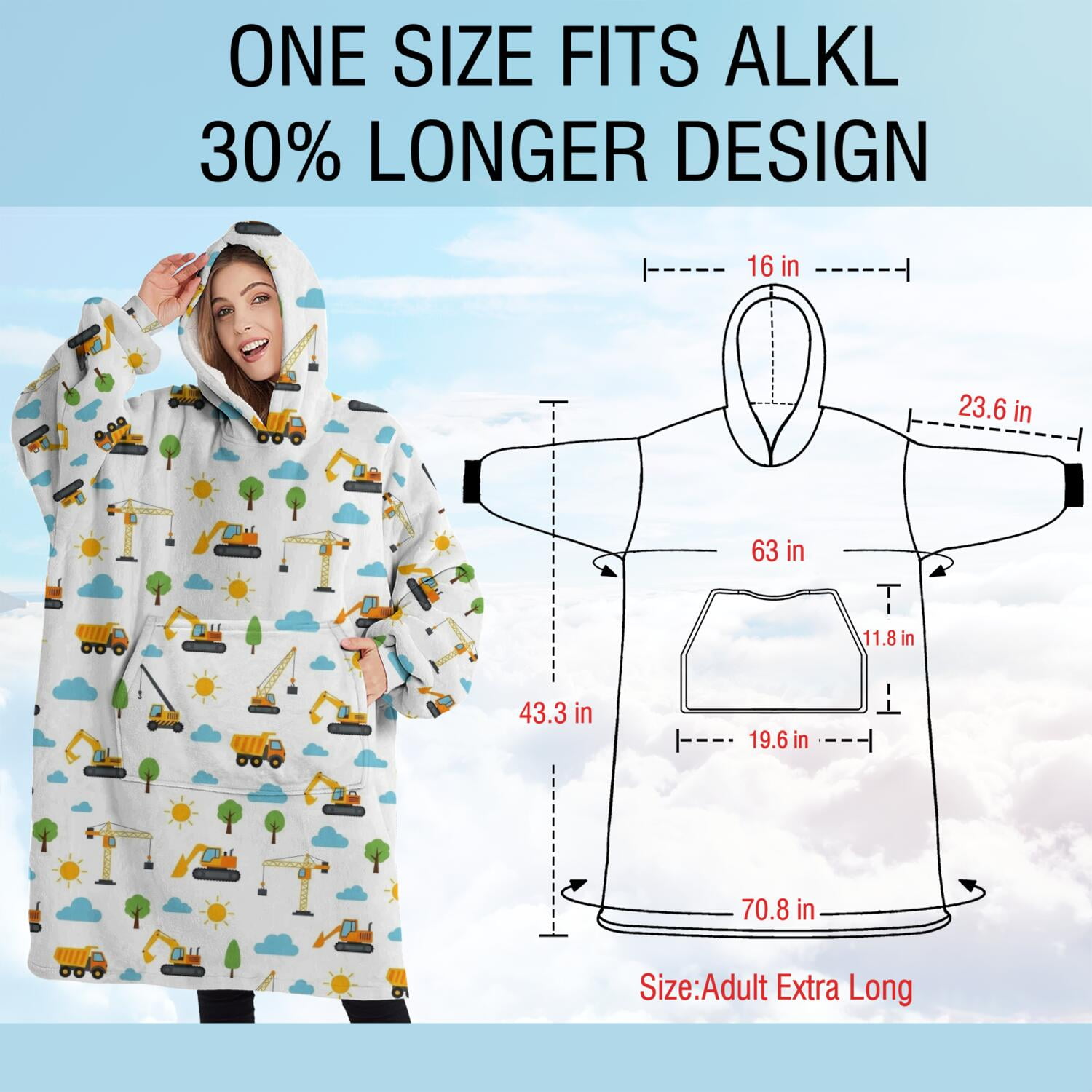 Oversized Wearable Blanket Hoodie,Cartoon Construction Vehicles Suns Sherpa Blanket Hoodie with Super Pockets,Super Warm Fuzzy Pullover for Women & Men
