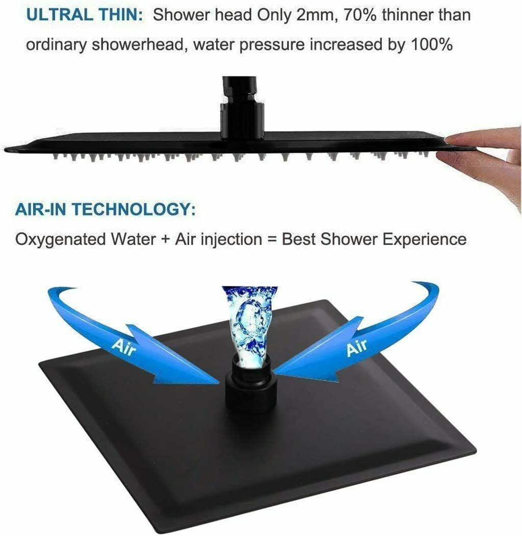 Black 12" Rain Shower Head Ultra thin Square Rainfall Sprayer Ceiling/Wall Mount