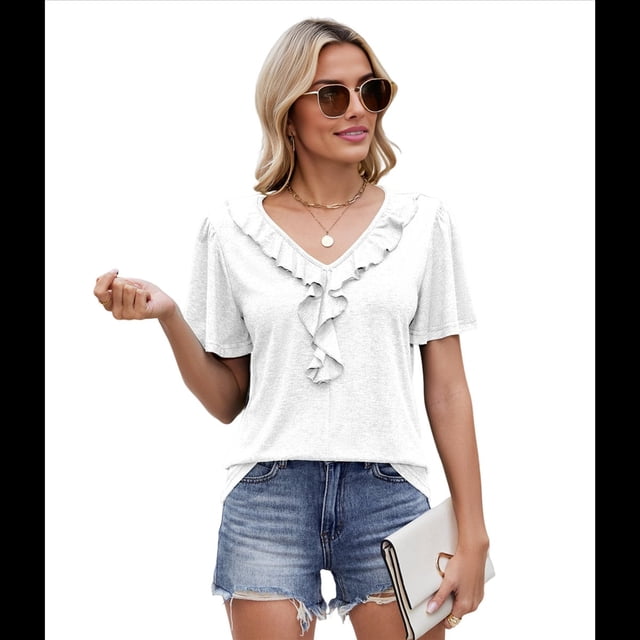 Blusas y Túnicas Informales de Corta con Cuello en V para Mujer, Grandes M