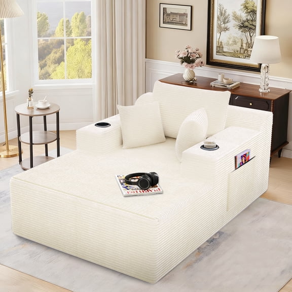 67" Corduroy Chaise Sofa Bed, White, with Cup Holders & Pockets