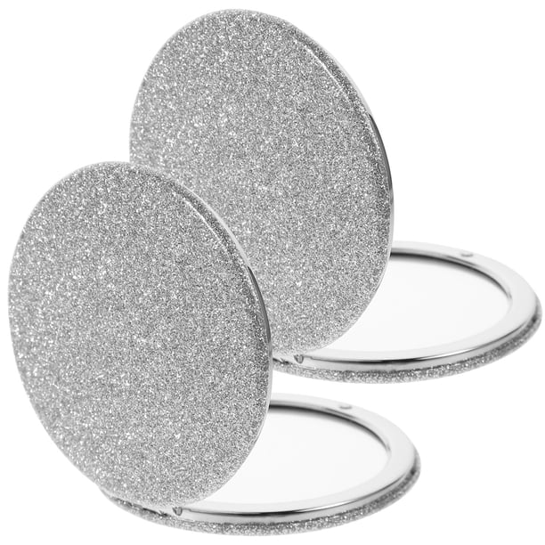 Espejo compacto de 2 piezas con purpurina de cuero sintético para maquillaje, espejo de bolsillo pequeño para exteriores.