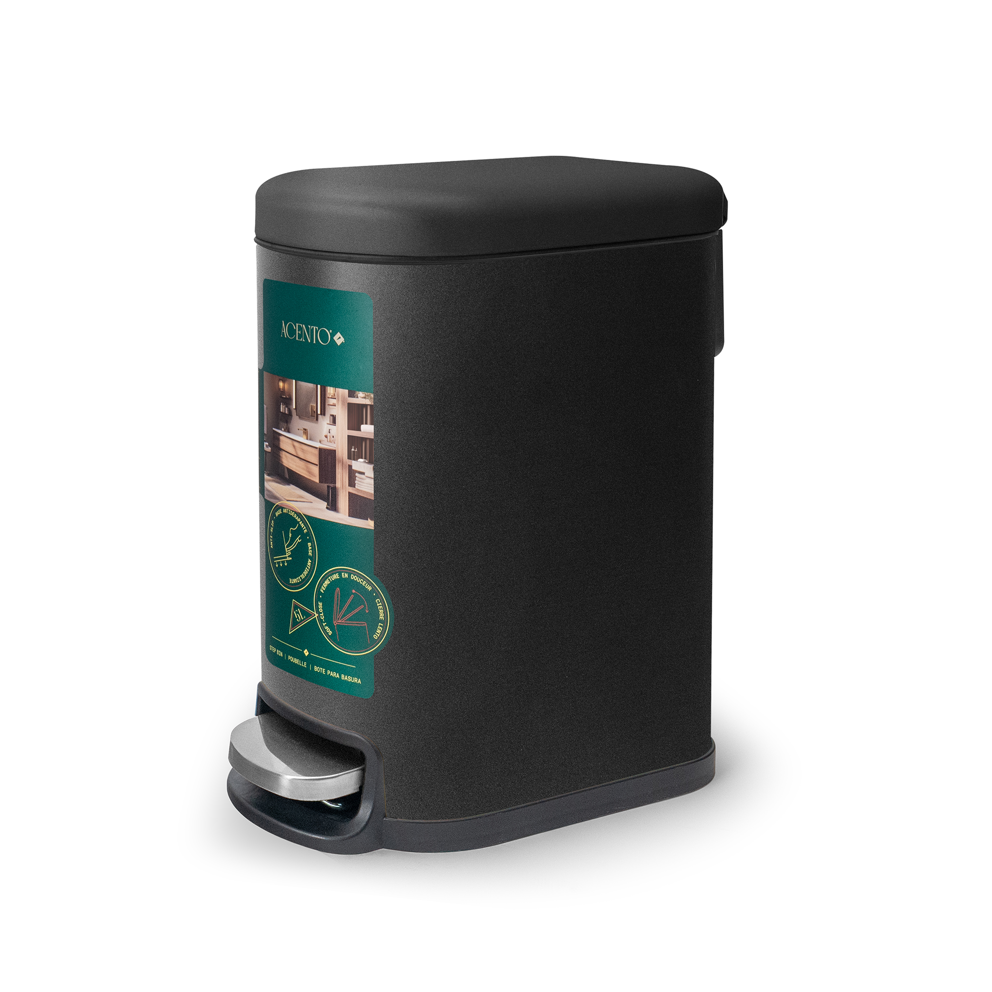 Acento Linea Slim Rectangular Step Trash Can, 1.3 Gallon Bathroom Waste Bin with Soft-Close Lid and Removable Inner Bucket, Matte Black