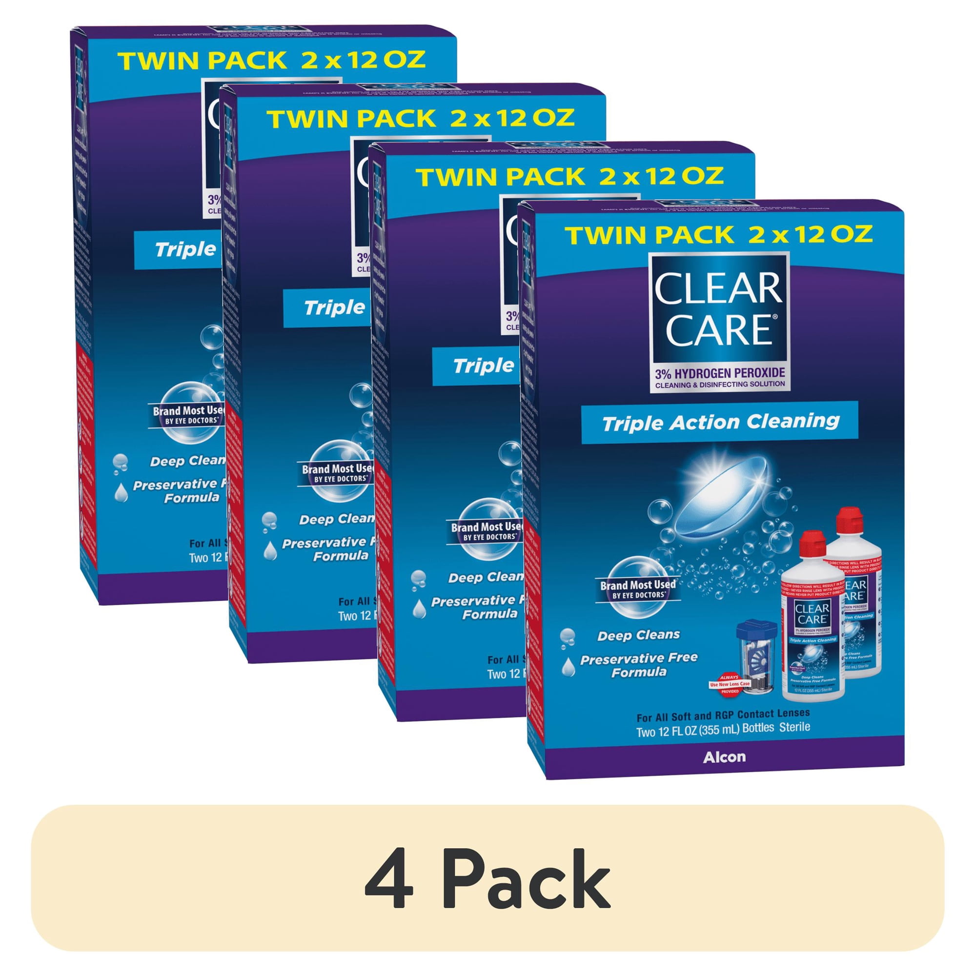 (4 pack) CLEAR CARE Cleaning & Disinfecting Contact Lens Solution with Lens Case, 12 fl oz, 2 Pack