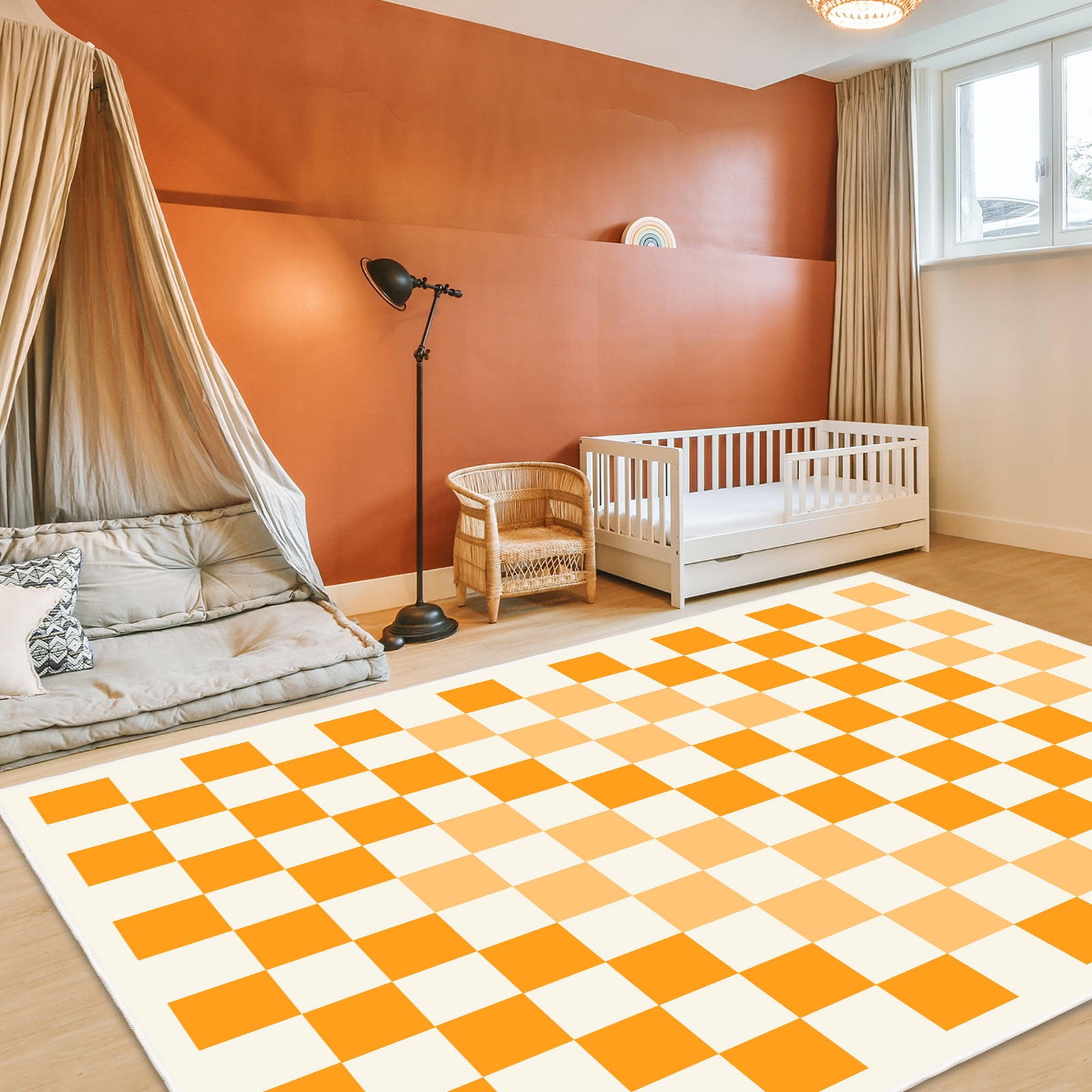 Area Rugs for Bedroom Living Room, 5' x 6.6' Ft Checkered Rug Retro Checkerboard Moroccan Rug Lightweight Outdoor Washable Carpet Rustic Decor for Living Room Bedroom Kitchen Patio(Orange/Yellow)