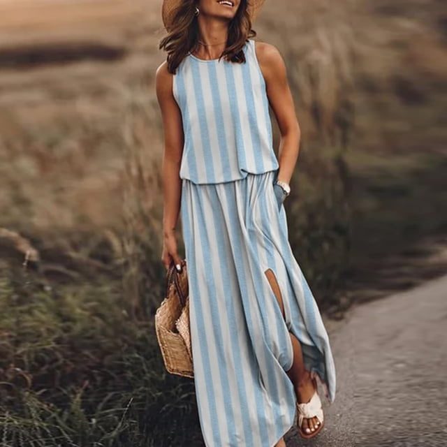 Lenago Robes Maxi Grande Taille pour Femmes 2023 Mode Femme Aguichant Col Rond Imprimé Sans Manches Décontractée Fente Ouverte Longue Robe Robes d'Été de Plage en Liquidation