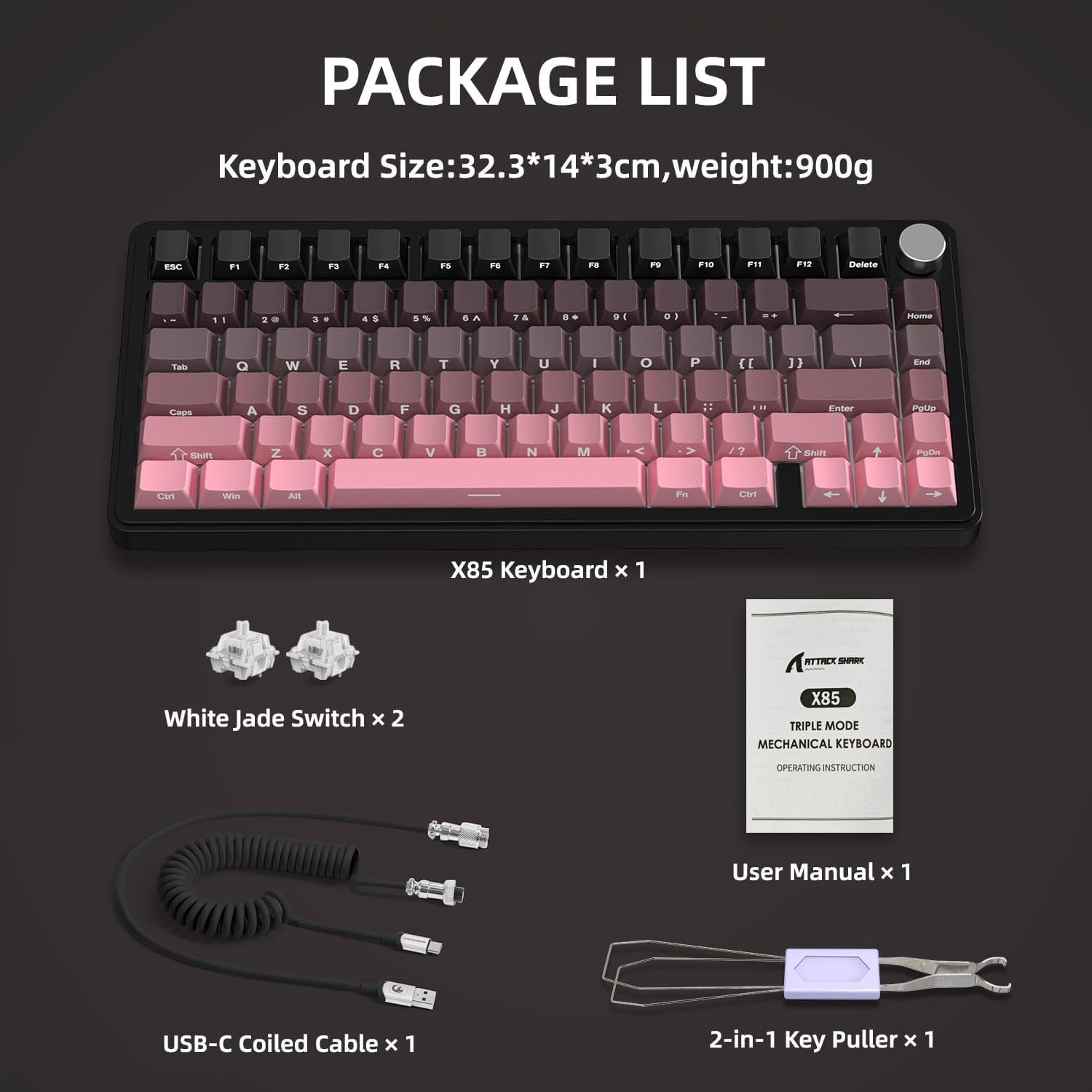 ATTACK SHARK X85 75% Mechanical Gaming Keyboard and Coiled Cable Set,Hot Swap,Cherry Profile Side Print PBT Keycaps,Gasket,CNC Knob,RGB,NKRO White Jade Switch for Win/PC/MAC-Pink Gradient