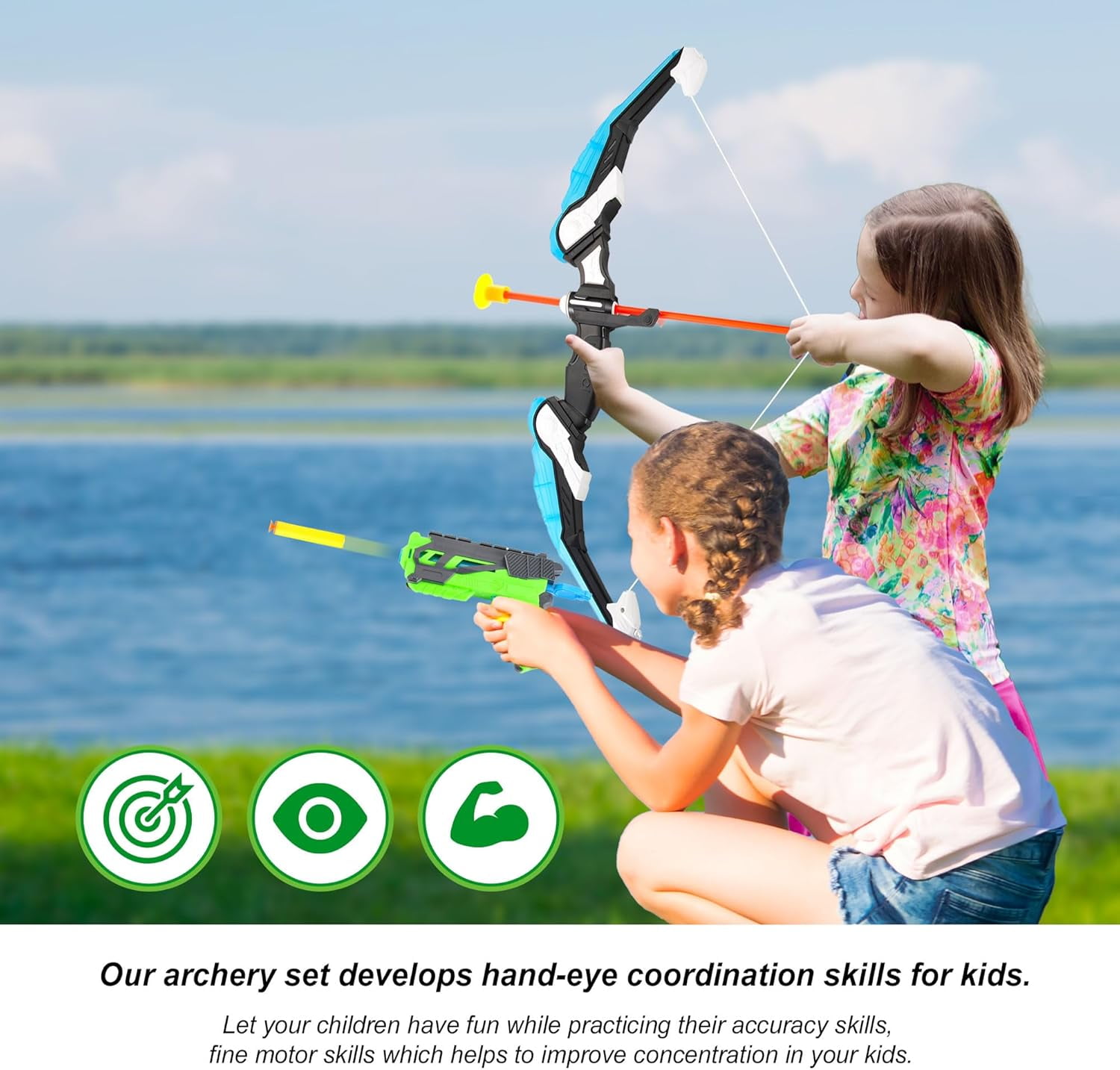 LED Light Up Archery Toy Bow & Arrow s/Suction Cup Arrows Toys Blue, Green & 2 Dart Shooters