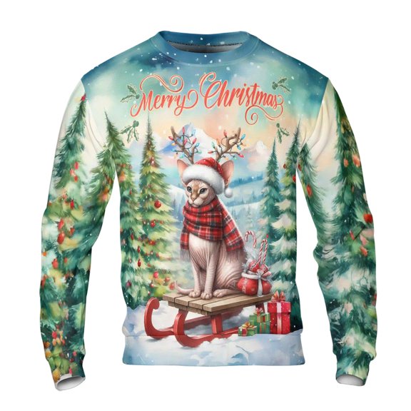 Merry Christmas Santa Reindeer Antlers Sphynx Sleigh Xmas Winter Holiday All Over Print 3D Sweatshirt Unisex Merch Cat Lover Kitten Owner Gifts Idea - 00023