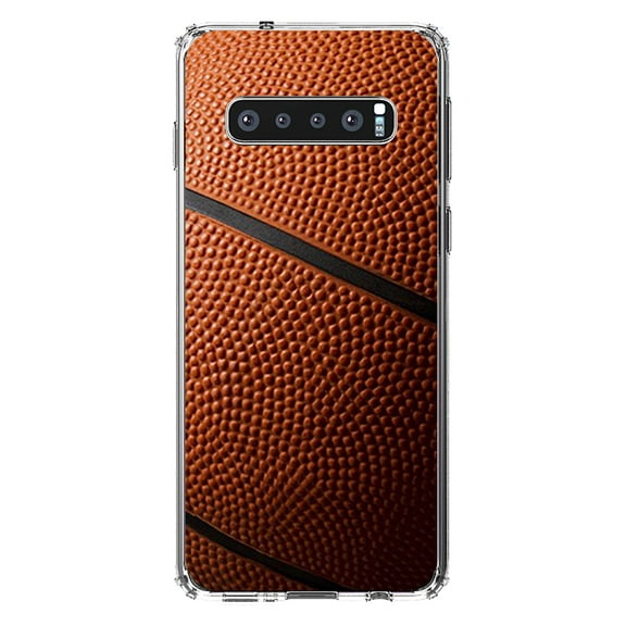 DistinctInk Clear Shockproof Hybrid Case for Samsung Galaxy S10  PLUS(6.4" Screen) - TPU Bumper, Acrylic Back, Tempered Glass Screen Protector - Basketball Photo -Basketball