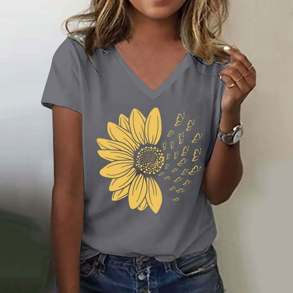 Gray Tshirts for Women's Sunshade Summer T Shirt Plus Size Loose Top Top Girls Short Sleeve Graphic Casual V Neck T Shirt Summer Tops