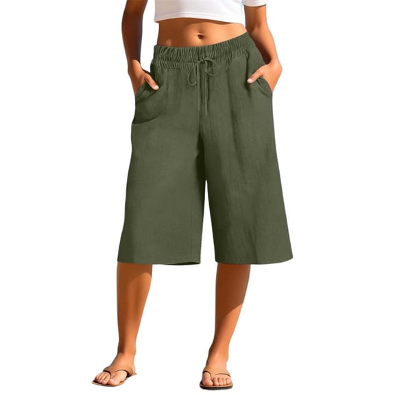 CHEEREAM Capri Pants for Womens Summer Elastic Waist Wide Leg Drawstring Bottom Baggy Trendy Daily Wear Pockets Cropped Trousers