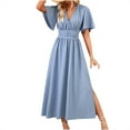 thumbnail image 2 of Sakmal V-Neck Plus Size Summer Dresses Blue Long Opening Solid Short Sleeve Pleated Ruffle A-Line Dress, 2 of 3