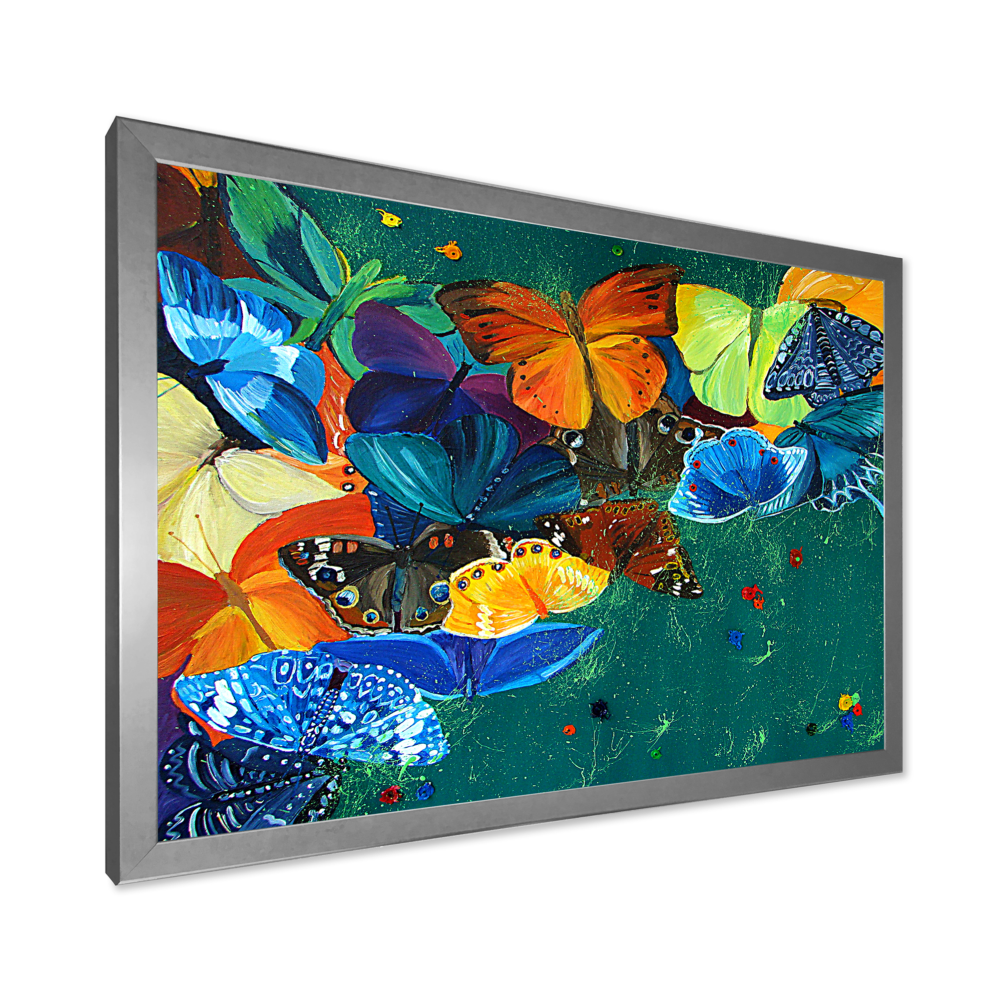 Designart 'Abstract Colour Butterflies On A Gree' Modern Framed Art Print