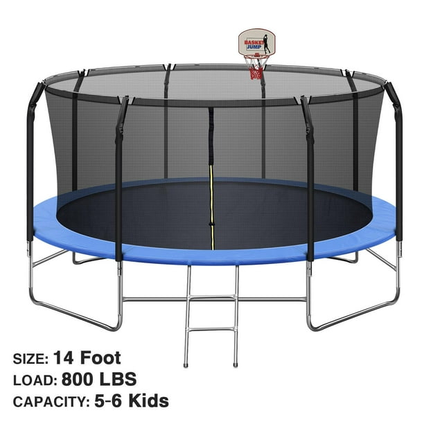 14FT Trampoline for Kids/Adults, 800lbs Load Recreational Outdoor  Trampoline with Basketball Hoop, Safety Enclosure Net ,Waterproof Mat and  Ladder, Outdoor Backyard Trampolines 