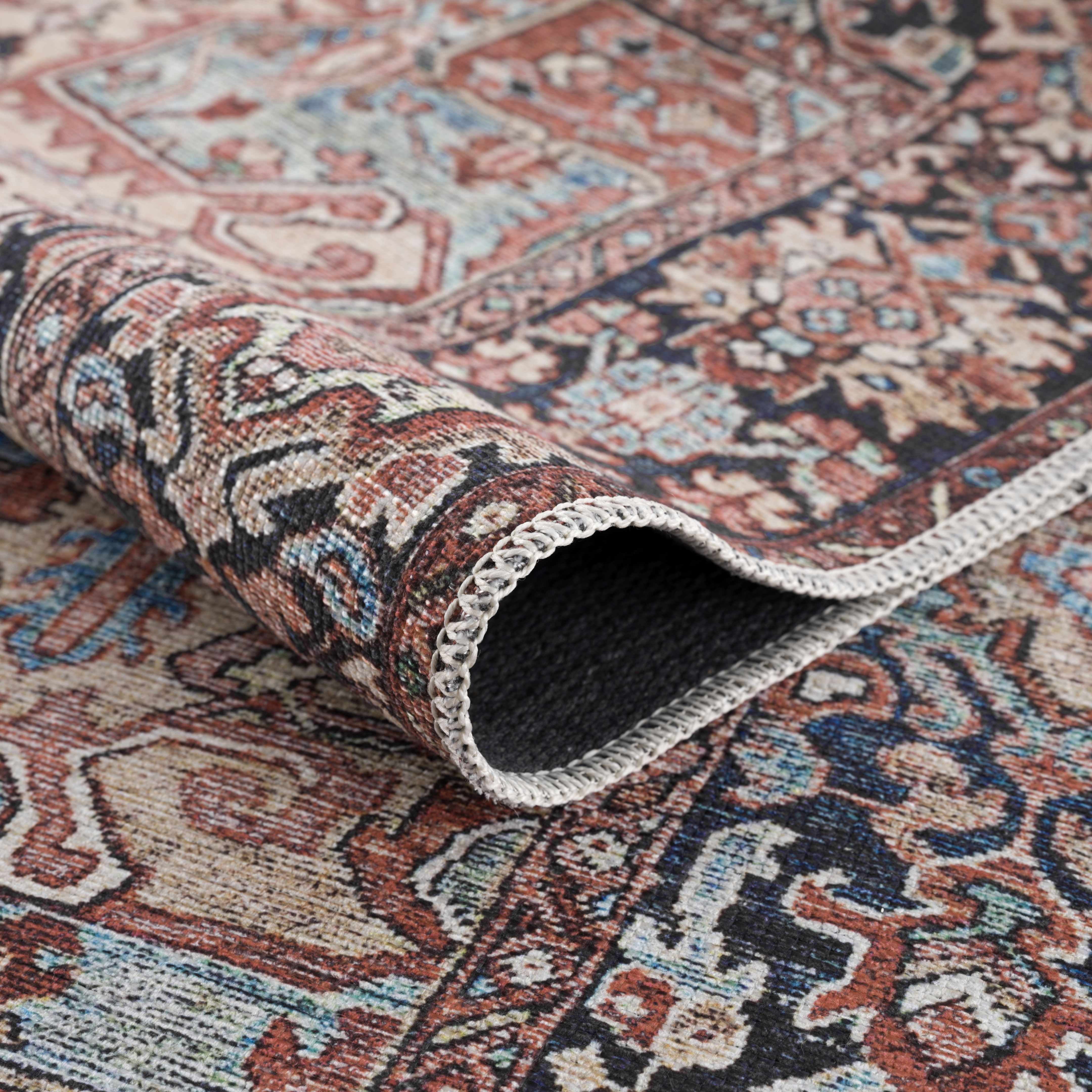BoutiqueRugs Neyland Washable Runner Rug - Bright Red, Navy, Peach - 2'6" x 7'6" Runner