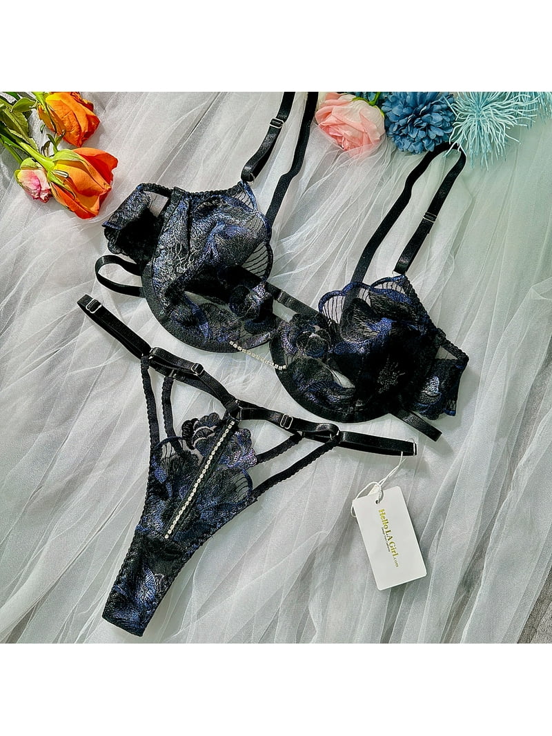 Black Luxurious Fancy Embroidered Sexy Lingerie Set (BLACK, L)