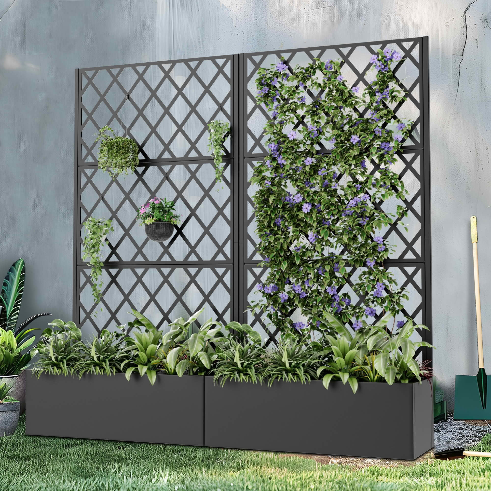 MAYEERTY 72x35x16 Inch Black Metal Rectangular Planter Box with Trellis, 3 Piece Set for Outdoor Garden & Patio