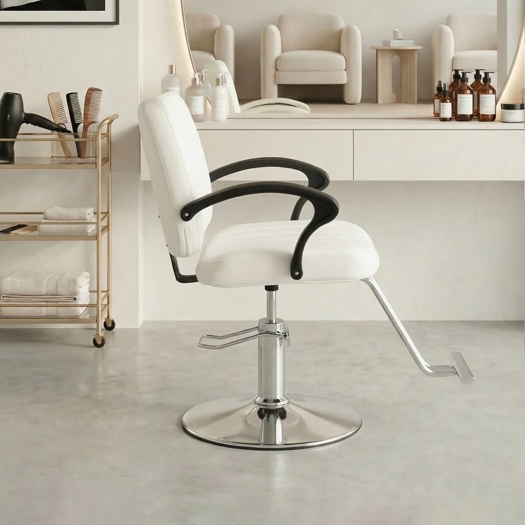 Hydraulic Barber Styling Chair with 360-Degree Swivel and Chrome Base, Heavy-Duty Beauty Salon Chair with PU Leather Upholstery, White