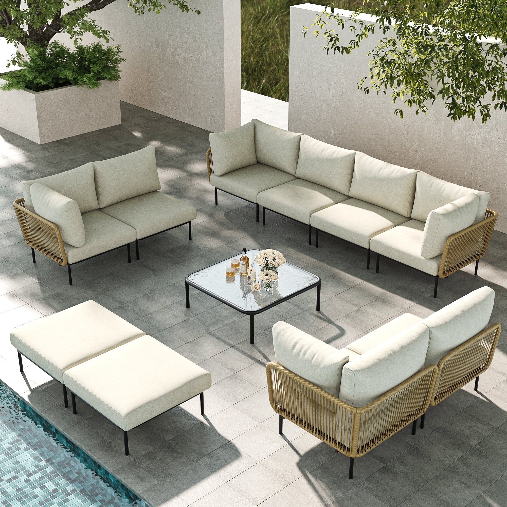 LayinSun 11 Pieces Aluminum Patio Furniture Set, Modern Modular Sectional Sofa with Coffee Table and Upgrade Thickness Cushion
