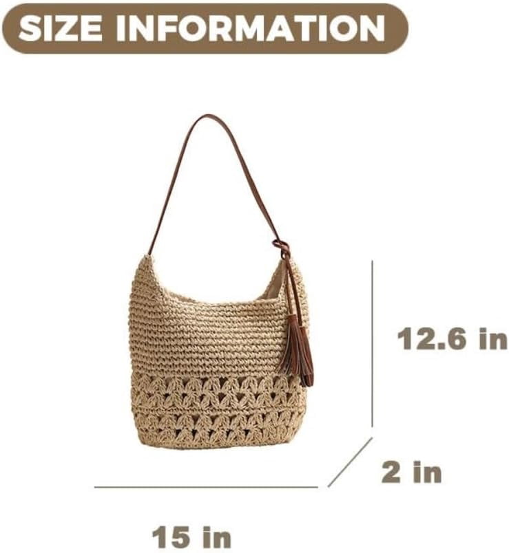 Women's Straw Woven Tote Bags Boho Handmade Crochet Wicker Hobo Shoulder Purse Summer Beach Travel Vacation Handbags