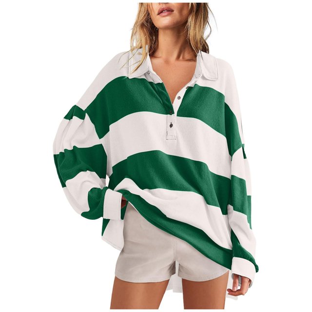 WEIYLL T-Shirt Women Oversized Sweat Fall Polo Lapel Long Sleeve Striped Green Tops Sizes S