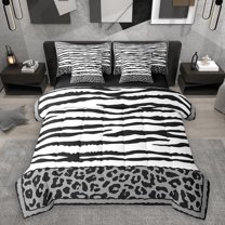 Homewish Geometric Striped 7-Piece Bedding Comforter Set,Wild Leopard Print King Bedding Sets,Gray White Black Bed Sheets For Girl,Ultra Soft Home Decor Reversible